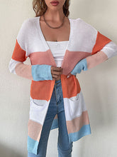 Load image into Gallery viewer, Women&#39;s Lightweight Ribbed Block Striped Cardigan With Front Pockets And Long Sleeves
