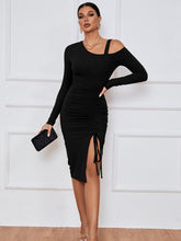 Load image into Gallery viewer, Women’s Long Sleeve Off The Shoulder Neckline Dress With Extra Strap And Front Thigh Leg Slit
