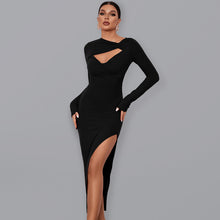 Load image into Gallery viewer, Women’s Long Sleeve Angled Neckline Dress With Front Cutouts And Leg Slit
