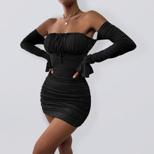 Load image into Gallery viewer, Women’s Off The Shoulder Peasant Style Bodycon Mini Dress With Cinched Front Tie And Bell Cut Sleeve
