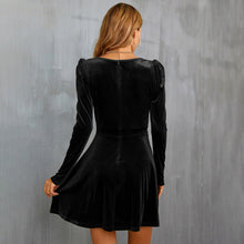 Load image into Gallery viewer, Women’s Faux Wrap V Neckline Puff Long Sleeve A Line Velvet Mini Dress
