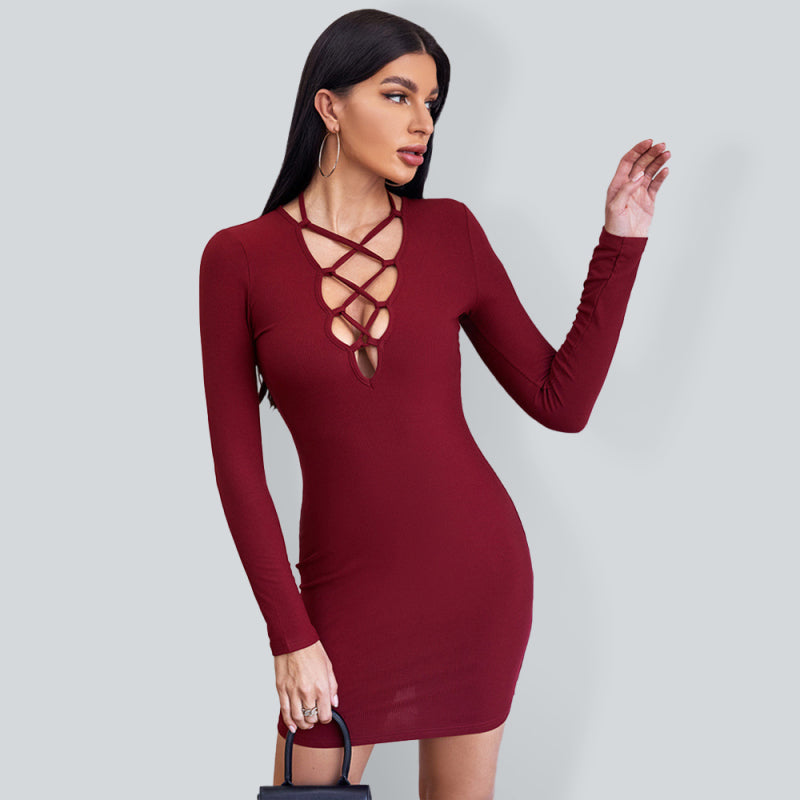Women’s Lace Up Long Sleeve Strappy Detailing Mini Sweater Dress