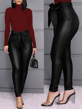 Load image into Gallery viewer, Women’s Slim Fit Tie Belt Faux Leather Pants
