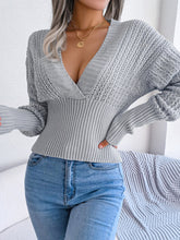 Load image into Gallery viewer, Women’s Faux Wrap Deep V Neckline Dropped Shoulders High Waist Cable Knit Cropped Long Sleeve Sweater
