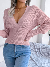 Load image into Gallery viewer, Women’s Faux Wrap Deep V Neckline Dropped Shoulders High Waist Cable Knit Cropped Long Sleeve Sweater
