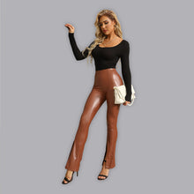 Load image into Gallery viewer, Women’s Pull-on Style High Rise Faux Leather Pants With Slits
