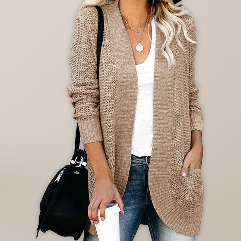 Women’s Solid Color Shawl Collar Patch Pockets Open Front Long Sleeves Knit Cardigan