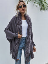 Load image into Gallery viewer, Women’s Solid Color Faux Fur Trimmed Fringe Accented Shawl Cardigan
