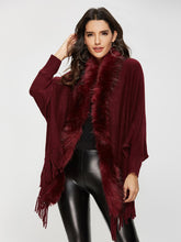 Load image into Gallery viewer, Women’s Solid Color Faux Fur Trimmed Fringe Accented Shawl Cardigan
