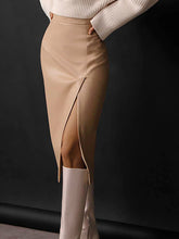 Load image into Gallery viewer, Women’s Solid Color Front Slit Faux Leather Midi Pencil Skirt
