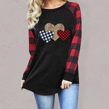 Load image into Gallery viewer, Plaid Leopard Stitching Heart Print Round Neck Long Sleeve T-Shirt
