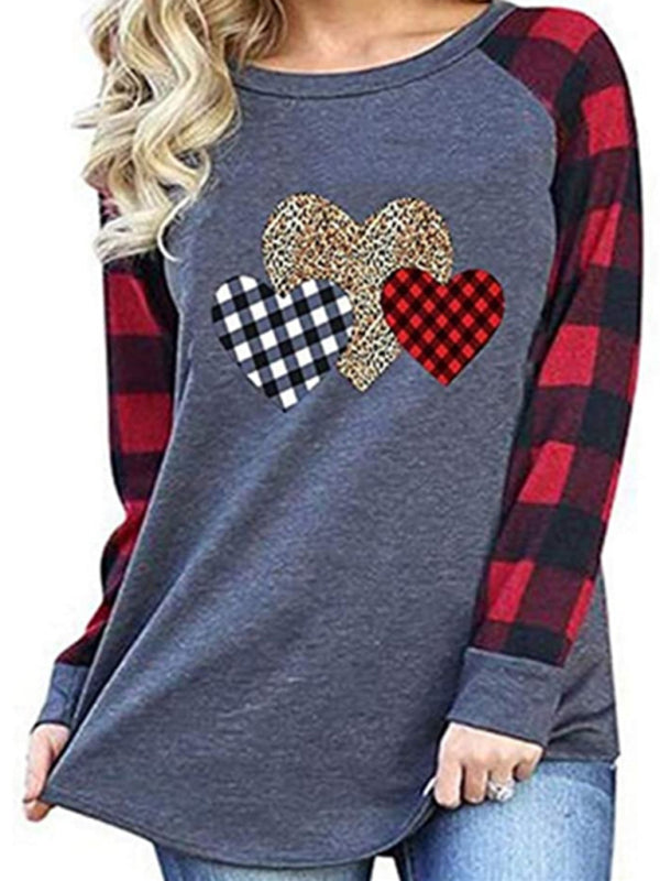 Plaid Leopard Stitching Heart Print Round Neck Long Sleeve T-Shirt