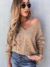 Load image into Gallery viewer, Pullover Solid Color V-Neck Heart-Shaped Hollow Loose Knitted Sweater
