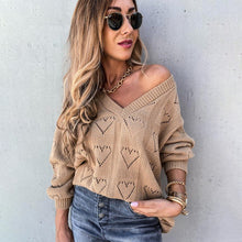 Load image into Gallery viewer, Pullover Solid Color V-Neck Heart-Shaped Hollow Loose Knitted Sweater
