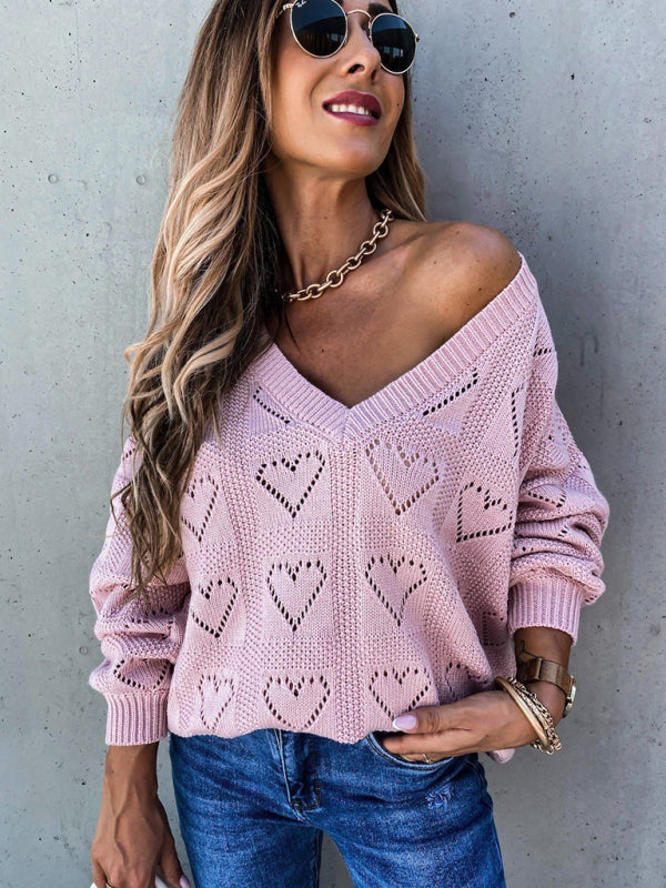 Pullover Solid Color V-Neck Heart-Shaped Hollow Loose Knitted Sweater