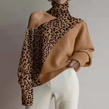 Load image into Gallery viewer, New style turtleneck off-the-shoulder knitted sweater women leopard print long-sleeved top
