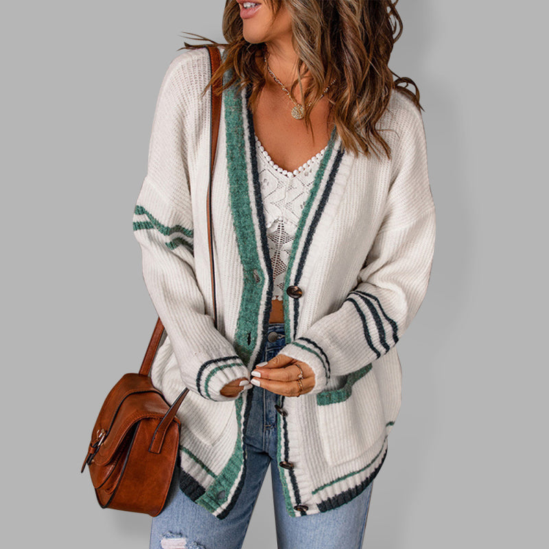 Women's Mixed Stripe Cable Knit V Neck Cardigan