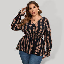 Load image into Gallery viewer, Ladies plus size shirt striped long sleeve waist shirt
