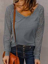 Load image into Gallery viewer, Women&#39;s stitching see-through striped long-sleeved V-neck T-shirt
