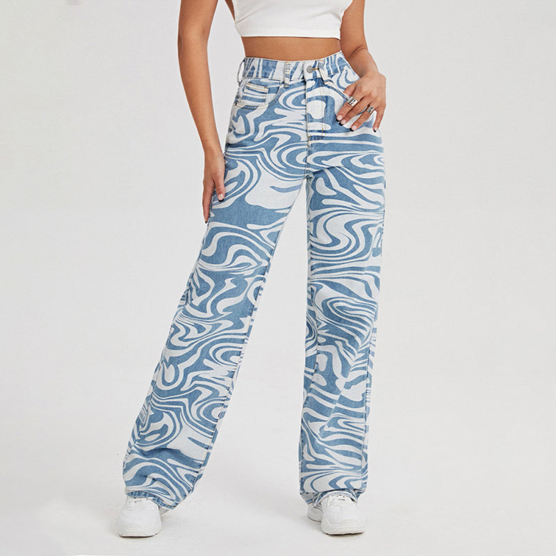 Women's loose water ripple printed straight denim trousers