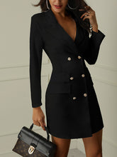 Load image into Gallery viewer, Black and white V-neck double breasted suit coat dress
