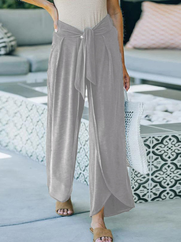 Loose Slacks Belt Knotted Wide-Leg Pants Knitted Trousers