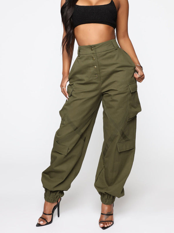 Women's Casual Multi Pocket Button Fly Straight Cargo Trousers