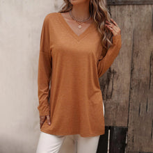 Load image into Gallery viewer, Women&#39;s casual solid color simple V-neck slit long-sleeved T-shirt
