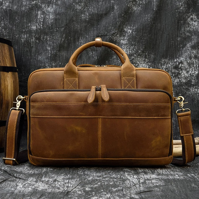 Men Briefcase Genuine Leather Laptop Bag 15.6