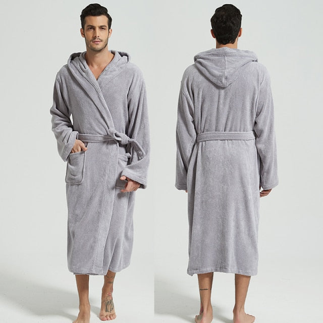Unisex Bathrobe Hooded 100% Cotton Thick Warm Towel Fleece Cotton
