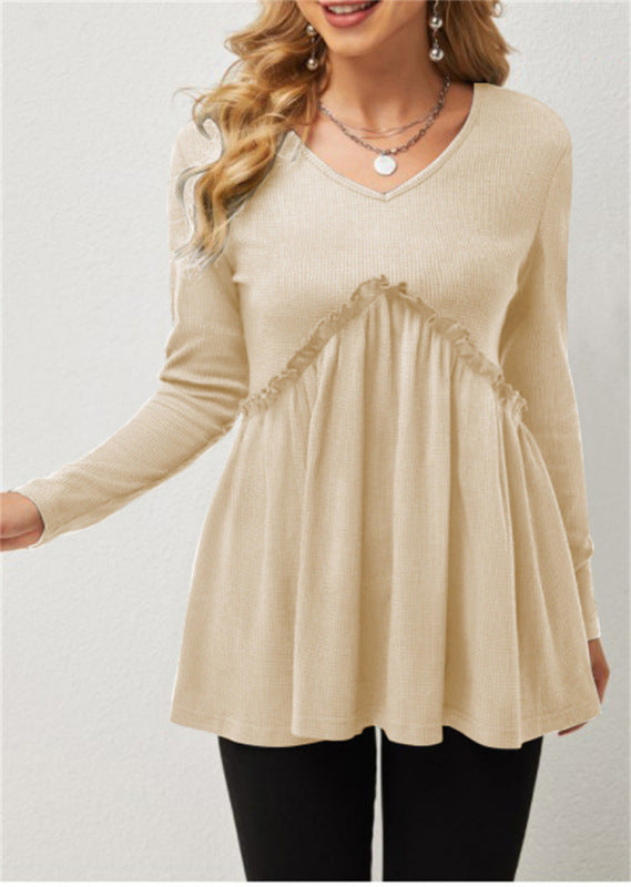 New loose ruffled ruffle loose V-neck T-shirt